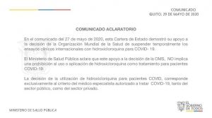 Ministerio de Salud no proh&iacute;be el uso o aplicaci&oacute;n de hidroxicloroquina como tratamiento al COVID- 19